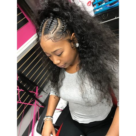 Halfup half down sewin with feedin braids https://instagram.com/p/BZjq-4XlfkY/ Half Braided Hairstyles, Weave Ponytail Hairstyles, Sew In Hairstyles, Vacation Hairstyles, Quick Weave Hairstyles, Braided Ponytail Hairstyles, Braids With Weave, Natural Hair Styles Easy, Girls Braids