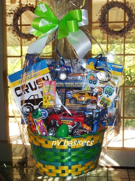 Monster Truck themed. Assorted Monster Trucks in all colors. Some remote control. Monster Truck Easter Basket Ideas, Family Easter Party, Adult Easter Egg Hunt, Basket Raffle, Boys Easter Basket, Adult Easter, Kids Gift Baskets, Raffle Baskets, Easter Basket Ideas