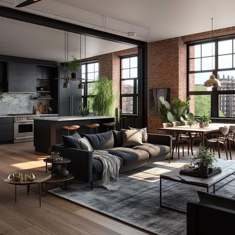 Industrial Style Living Room, Industrial Living Room, Estate Interior, Industrial Home Design, Home Decor Ideas Bedroom, Industrial Living, Industrial Interior Design, Apartment Aesthetic, Hus Inspiration