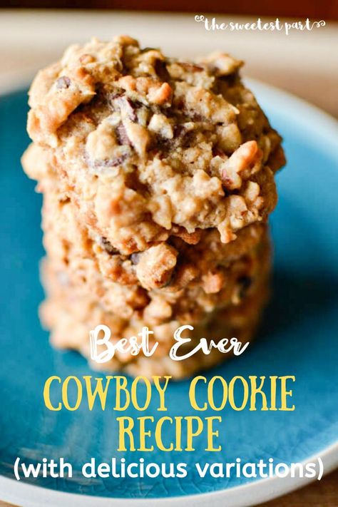 Do you love soft, chewy & delicious chocolate chip cookies? Then you will LOVE these perfect cowboy cookies!  This is a go-to cookie recipe that is great for any occasion!  Make yummy peanut butter cowboy cookies, or coconut pecan cowboy cookies!  | Easy dessert | Make ahead desserts | cookie dough for your freezer |  | #oatmealcookies | #cookies | #snacks | #rangercookies | Cookies Cowboy, Laura Bush Cowboy Cookies, Jumbo Cookies, Cowboy Cookie, Cowboy Cookie Recipe, One Dish Kitchen, Small Batch Cookies, Oats Chocolate, Soft Cookie Recipe