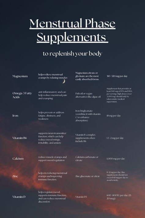 The Menstrual phase is the one where we let everything go so it can all start anew again. And, as with such process, we might find some key nutrients depleted. This can impact our physical and emotional wellbeing. These supplements help target some of the symptoms. These are general recommendations with a dosage for a healthy, adult, average-weight woman; if you have any doubts or concerns, talk to your doctor first. Period Cycle Phases, Menstrual Phases, Let Everything Go, Cycle Phases, Menstrual Phase, Menstrual Cycle Phases, Cycle Syncing, Period Hacks, Menstrual Health