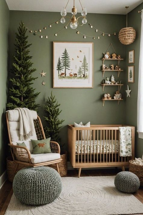 2024 Baby Nursery Trends, Green Woodsy Nursery, Green And Rust Nursery, Boho Boy Nursery Ideas, Forest Green Baby Nursery, Girl Nursery Ideas Green, Earthy Nursery Ideas Gender Neutral, Baby Boy Nursery Inspiration, Guest Room And Nursery Combo