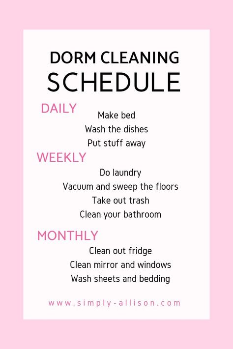 My dorm room felt so much cleaner after using the dorm room cleaning schedule. Here's the ultimate guide on how to keep your dorm clean and how to clean it. #dormroomcleaning #keepingdormclean #dormcleaningschedule Dorm Cleaning Checklist, Dorm Room Cleaning Schedule, After University Routine, How To Keep Home Clean, How To Keep My Room Clean, How To Keep Room Clean, Dorm Cleaning Schedule, How To Organize Your Room, Dorm Rules