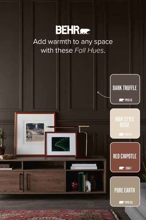 Transform your home into a warm, inviting sanctuary with these delicious fall colors. Best Brown Paint Colors Behr, Behr Brown Paint Ideas, Dark Behr Paint Colors, Exterior Brown Paint Colors, Brown Paint Colors Behr, Behr Brown Paint, Brown Behr Paint Colors, Papered Ceilings, Behr Paint Colors Brown