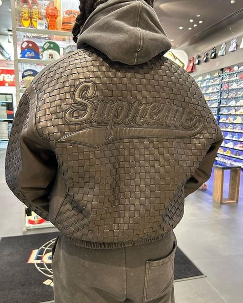 Laced Up Brooklyn | HITTING FLOORS NOW Supreme FW23 Woven Leather Varsity Jacket Size S Exclusively @lacedupbrooklyn Located @kingsplazamall | Instagram Supreme Leather Jacket, Aesthetic Leather Jacket, Leather Jacket Aesthetic, Supreme Jacket, Leather Jacket Outfit Men, Embroidered Leather Jacket, Leather Varsity Jackets, Cool Coats, Tshirt Men