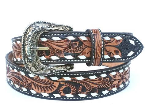 "WE USE FINEST QUALITY REAL TOP GRAIN COWHIDE LEATHER: Our western belt is made of genuine full grain cowhide leather with hand tooled craft leather design, also ensures a long-lasting wearing and durability. Each belt is a width of 1.5 inches. Our belts fit well for jeans or casual pants. SIZING: 1.5\" (40mm) wide genuine leather strap are available in different sizes. For a perfect fit please order belt that is one size larger than your current pant(Waist) size. EASY TRIM TO FIT: The buckle is Removeable and belt has 5 holes for plenty of room for adjustments Easy to tighten and release. WARM TIP: Please order one size larger than your waist/pants size. For example if your waist size is 40 inch, select size 42 (waist 40). WESTERN DESIGN AND THEME: This western belt featuring hand tooled Womens Western Belts, Leather Belt Patterns, Country Belt Buckles, Western Belts For Women, Country Belts, Western Pants, Foto Cowgirl, Custom Leather Belts, Western Wear Outfits