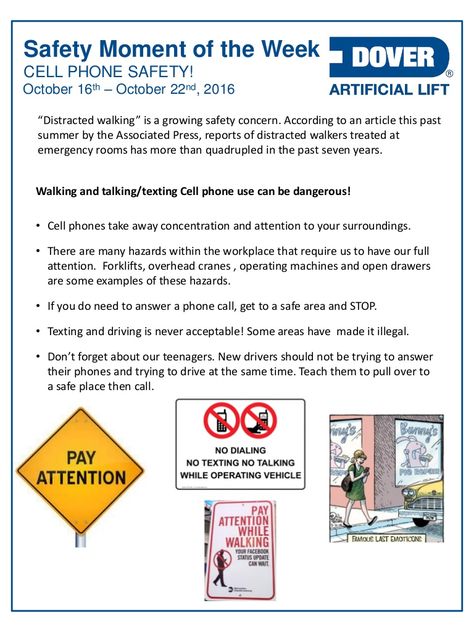 Cell Phone Safety! Alberta Oil Tool's #Safety Moment of the Week 17-Oct-2016 Safety Meeting Topics, Safety Moment Ideas, Safety Moment Topics, Safety Moment, Pediatric Urology, Safety Workplace, Workplace Safety Slogans, Fire Safety Poster, Warehouse Safety