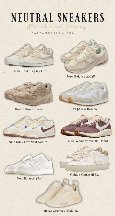 Discover the best neutral sneakers for women in neutral colors like beige, cream, tan, white, and brown. Shop top brands like Nike, New Balance, Adidas, and Veja. Perfect for any outfit! Plus: minimalist sneakers, nude sneakers, sneakers fashion women's, timeless sneakers, casual sneakers women, athleisure wear, street wear. Nike Sneker, Neutral Everyday Shoes, Cute Trainers Women, Tan New Balance Outfit, White And Beige Sneakers, Comfort Sneakers Women, New Balance Shoes Woman, New Balance Beige Shoes, Street Wear Sneakers