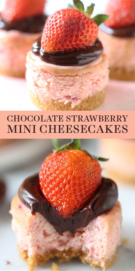 Chocolate Strawberry Mini Cheesecakes are perfectly easy, adorable, and transportable for the perfect Valentine’s Day dessert. Made with a graham cracker crust, plus they can be prepped ahead of time! This homemade, from-scratch recipe is perfect for kids, or him or her! #valentinesdaydessert #minicheesecake #strawberrycheesecake #chocolatestrawberry Chocolate Valentines, Valentines Desserts, Dessert Parfait, Mini Cheesecake Recipes, Valentine Desserts, Strawberry Chocolate, Mini Cheesecakes, Chocolate Strawberry, Strawberry Desserts