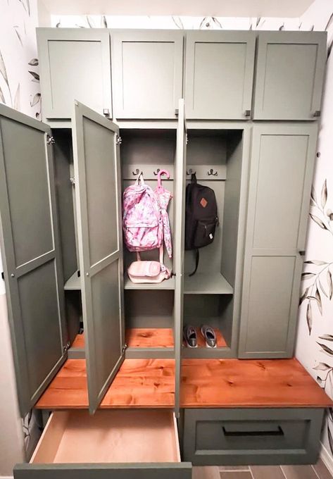 Mudroom Locker Storage System Laundry Room Organization - Etsy Garage Storage Lockers, Laundry Lockers Mud Rooms, Wooden Locker Ideas, Home Locker Ideas Entryway, Lockers For Mudroom, Square Mudroom Ideas, Entry Way Ideas With Storage, Locker Closet Ideas, Entrance Storage Cabinet