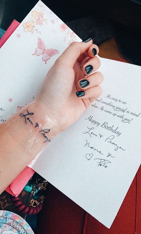 Cute Tattoos For Grandma, Tattoo For My Grandparents, Grandparents Memory Tattoo, Tattoos In Loved Ones Handwriting, Tattoos With Loved Ones Handwriting, Grandparent Memory Tattoos, Tattoos That Represent Grandparents, Tattoo Of Grandmas Handwriting, Tattoo From Grandparents