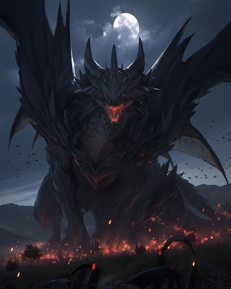 Giant Fantasy Creature, Huge Dragon Art, Giant Space Monster, Giant Dragon Fantasy Art, Giant Creature Art, Black Mythical Creatures, Giant Dragon Art, Kaiju Art Character Design, Arlechino Fan Art