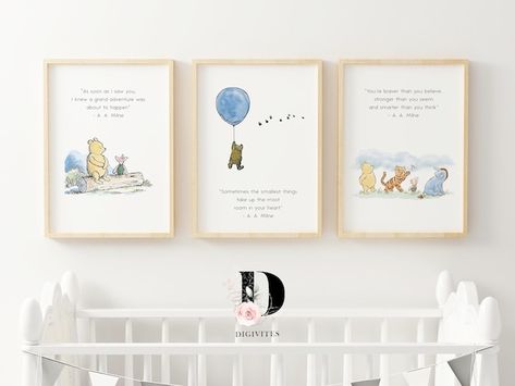 DigivitesPrints - Etsy Winnie The Pooh Prints, Inspirational Friend Quotes, Pooh Nursery, Winnie The Pooh Nursery, Animal Wall Art Nursery, Green Nursery, Vintage Winnie The Pooh, Set Of 3 Prints, Neutral Nursery