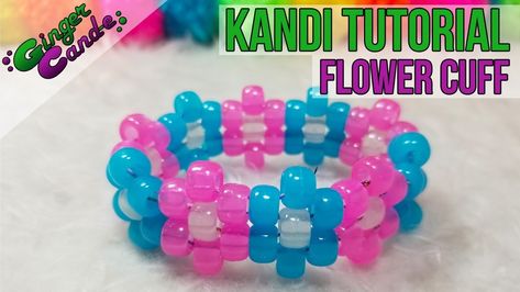 Rawring 20s Flower Kandi Cuff, Kandi Tutorial, 3d Kandi, Rave Kandi Ideas, Rave Candy, Rawring 20s, Cuffs Diy, Rave Bracelets, Kandi Cuff Patterns