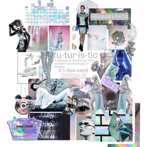 mood board Concept Board Fashion Inspiration, Holographic Mood Board, Futuristic Fashion Moodboard, Concept Board Fashion, Fashion Concept Board, Futuristic Moodboard, Fashion Design Mood Board, Terry Urban, Digital Mood Board