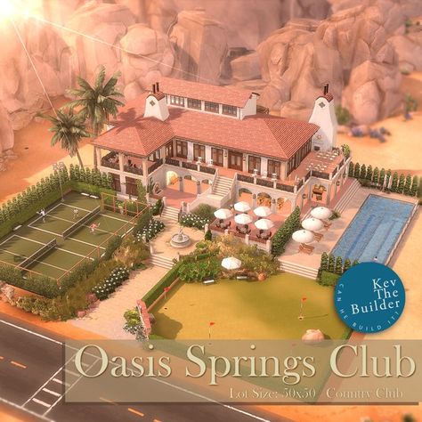 Oasis Springs Club - No CC | Patreon Sims 4 Cc Free Lots, Sims 4 Rock Climbing Cc, Country Club Floor Plan, Sims 4 Community Build, Sims4 Builds No Cc, Sims Club Ideas, Sims 4 Gallery Lots No Cc, Oasis Springs Park Sims 4, Sims 4 Oasis Springs Map