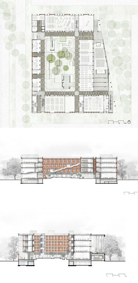 Architecture plan section elevation for institutional building University Campus Architecture, Institutional Building, Room Sketch, Campus Architecture, Architecture University, University Plan, College Architecture, Design Art Nouveau, Campus Design