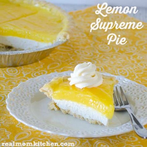 Lemon Supreme Pie | realmomkitchen.com Dinner Dips, Lemon Supreme Pie Recipe, Lemon Supreme Pie, Lemon Pies, Lemon Sweets, Bakers Square, Lemon Treats, Frozen Pie Crust, Lemon Cheese