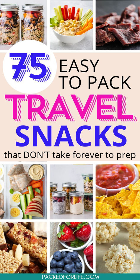 Nine travel snack ideas; chips and salsa, popcorn bowls, berries, granola bars, boiled egg, hummous & pita, jars of chia  pudding, veggies and dip, beef jerky. Roadtrip Snacks For Kids Healthy, Snacks For Kayaking Trips, Food For The Road Travel, Packable Snacks For Adults, Healthy Snacks To Pack For Travel, Best Travel Food To Pack, Breakfast Road Trip Ideas, Healthy Snacks Travel, Travel Hacks Car Road Trips