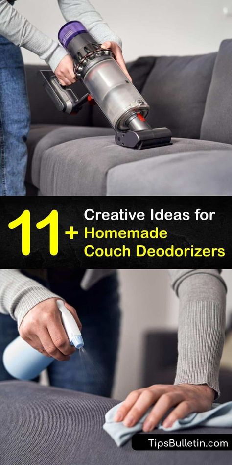 Discover how to remove bad odors from a fabric or leather sofa. It’s relatively easy to eliminate a musty odor or dog smell from upholstery with a vacuum and carpet deodorizer, white vinegar, baking soda, or a DIY upholstery spray. #homemade #deodorizer #couch Couch Deodorizer, Deodorize House, Odor Eliminator Diy, Homemade Couch, Dog Deodorizer, Diy Cleaner, Pet Odor Remover, Diy Household Cleaners, Carpet Deodorizer