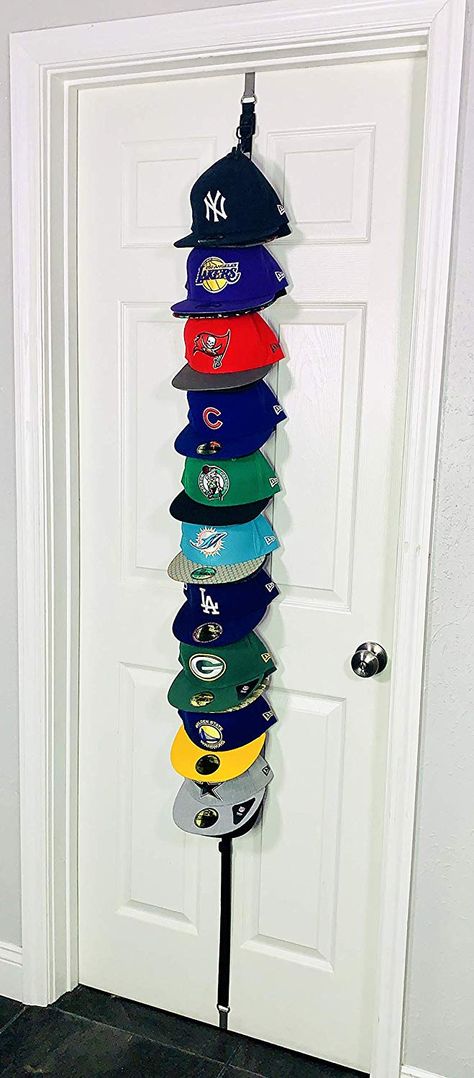 Hat Hanging Ideas, Closet Wall Organizer, Baseball Hat Storage, Hang From Ceiling, Baseball Hat Racks, Baseball Caps Storage, Shoe Organization Diy, Clip Hanger, Cap Rack