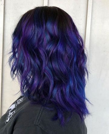 Deep Violet Black And Blue Hair Color Ideas Purple Hues Hair, Electric Blue And Purple Hair, Dark Blue Violet Hair, Blue And Purple Hair Medium Length, Dark Blue And Dark Purple Hair, Blue Galaxy Hair, Midnight Blue And Purple Hair, Blue Purple And Black Hair, Blue And Purple Streaks In Hair