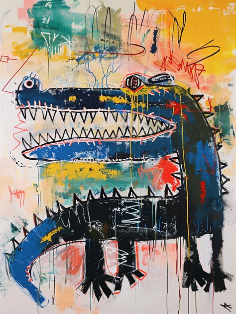 Basquiat Crocodile Painting Basquiat Art Style, Basquiat Art Project For Kids, Punk Painting Ideas, Jean Basquiat Art, Basquiat Wallpaper, Basquiat Inspired Art, Basquiat Prints, Crocodile Painting, Basquiat Artwork