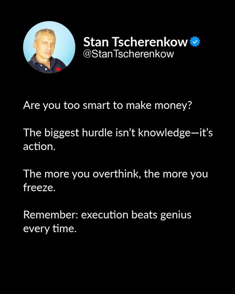 Ever wonder why some people, who seem... not the sharpest, make more money?⁠ ⁠ It’s frustrating, right? You have the ideas, the smarts, the skills—yet they’re earning more. Why?⁠ ⁠ Simple: They take action—even if they don’t know everything.⁠ ⁠ Meanwhile, you’re stuck in analysis paralysis, waiting for the perfect plan.⁠ ⁠ Here’s how to break out of it:⁠ ⁠ Stop overthinking: Perfectionism is the enemy of progress.⁠ ⁠ Take imperfect action: The "stupid" ones are already doing it.⁠ ⁠ Learn as y... Analysis Paralysis, Stop Overthinking, Personal Success, Reach Your Goals, Perfectionism, Business Coach, Break Out, Make More Money, Coaching Business