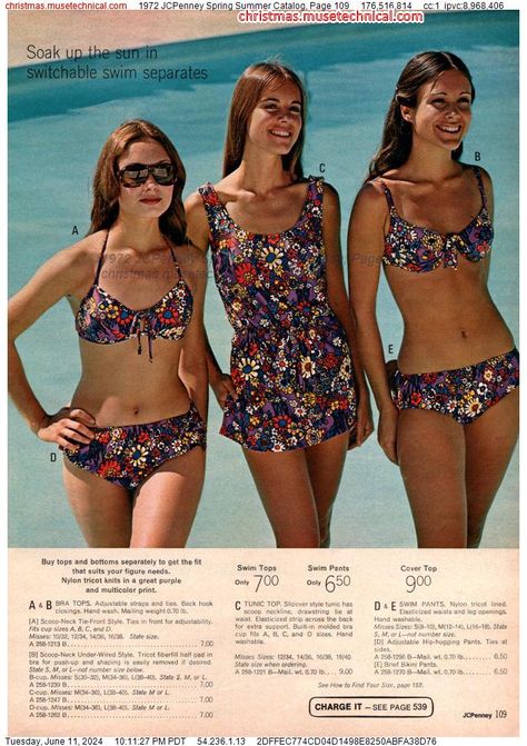 1972 JCPenney Spring Summer Catalog, Page 109 - Catalogs & Wishbooks 70s Bikinis Vintage, 70s Swimwear, Vintage Beach Party, 70s Beach, 1970's Fashion, Vintage Bathing Suits, 70s Women, 70s Aesthetic, Vintage Swim