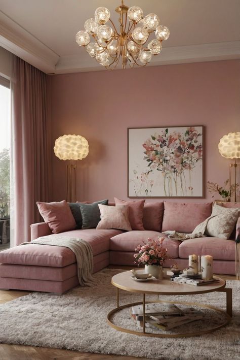 Dusty Rose Couch Living Rooms, Walls Color Ideas Living Room, Pink Couch Decor Ideas, Blush Pink Living Room Walls, Rose Colored Living Room, Dusty Pink Living Room Walls, Bright Colors For Living Room, Pink Interior Design Living Room, Dark Mauve Living Room