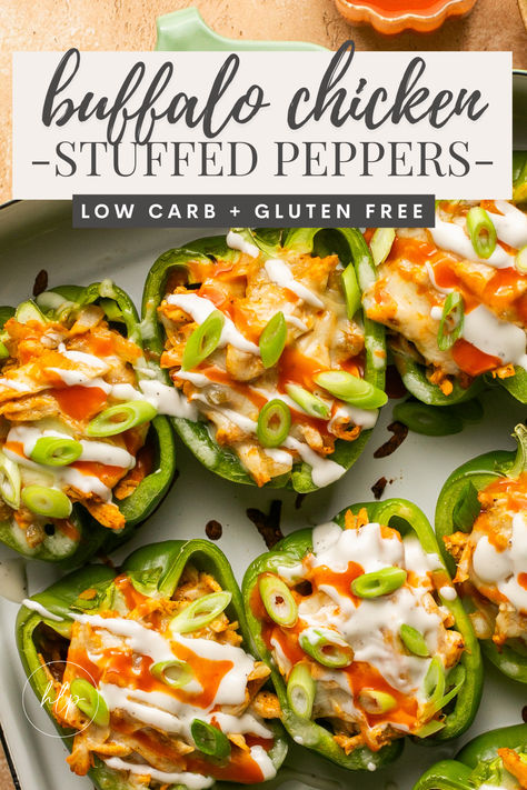 peppers stuffed with buffalo chicken and drizzled with ranch and garnished with green onions Chicken Stuffed Peppers Keto, Healthy Beginner Recipes, Easy Healthy Week Night Dinners, Buffalo Chicken Peppers Stuffed, Keto Dinners For Two, Tailgate Food Healthy, Buffalo Chicken Peppers, Weight Watchers Stuffed Peppers, Buffalo Chicken Stuffed Sweet Potatoes