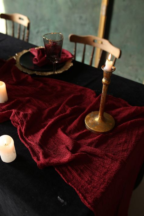 Cheesecloth Runner, Dyed Cheesecloth, Rustic Table Decor, Vintage Tables, Red Table, Black Table, Rustic Table, Cheese Cloth, Elegant Decor