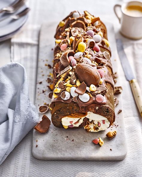 Easter rocky road roulade | delicious. magazine Easter Baking Ideas, Easter Cooking, Easter Cake Recipes, Easter Lunch, Delicious Magazine, Easter Baking, Easter Eggs Chocolate, Rocky Road, Easter Chocolate