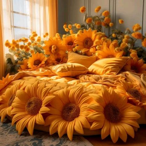 Handmade Bed Sheets, Bright Room Colors, Sunflower Room, Sunflower Home Decor, Colorful Room Decor, Magical Room, Magical House, Beautiful Bedroom Decor, Fantasy Furniture