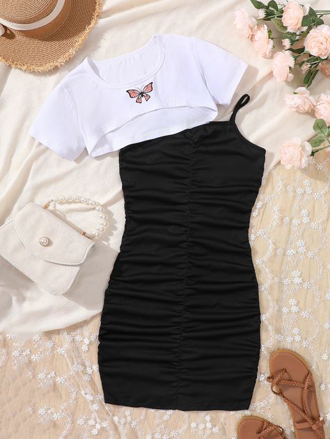 Black and White Casual Collar Short Sleeve  Butterfly  Embellished Slight Stretch Summer Teen Girls Clothing Tops Bonitos, Style Bleu, Cute Dress Outfits, Casual Preppy Outfits, Shein Outfits, Tween Outfits