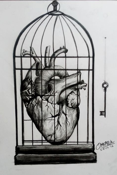 charcoal sketch #omkarkhochare Bird In A Cage Drawing Freedom, Heart Sketch Creative, Heart In A Cage, Heart Drawing Ideas, Cage Drawing, Romantic Sketches, Art Sketchbook Ideas Drawings, Sketchbook Ideas Drawings, Human Heart Art