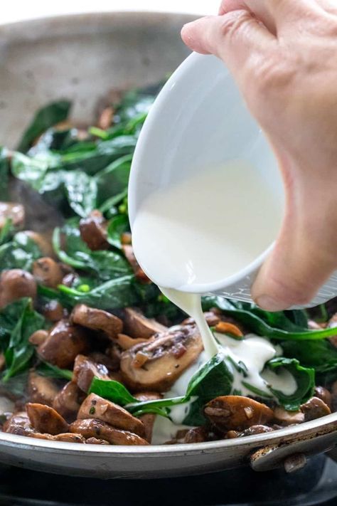 Mushroom Crepes with Spinach - Jessica Gavin Spinach Mushroom Crepes, Mushroom Crepes Recipe, Mushroom Crepes, Mushroom Crepe, Mushrooms And Spinach, Crepes Filling, Canapes Recipes, Crepe Batter, Spinach Mushroom