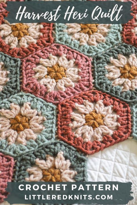 The Harvest Hexi Quilt is a modern take on a classic crochet design – the Granny Square. These hexagons use harvest inspired colors to create a beautiful motif throw that you can pass down from generation to generation. Crocheted Blanket Granny Square, Granny Square Blanket Designs, Crochet Blanket Granny Square Modern, Granny Square Blanket Modern, Puffy Flower Granny Square, Daisy Hexagon Crochet, Crochet Stitches Granny Squares, Cute Granny Squares Crochet, Things You Can Make With Granny Squares