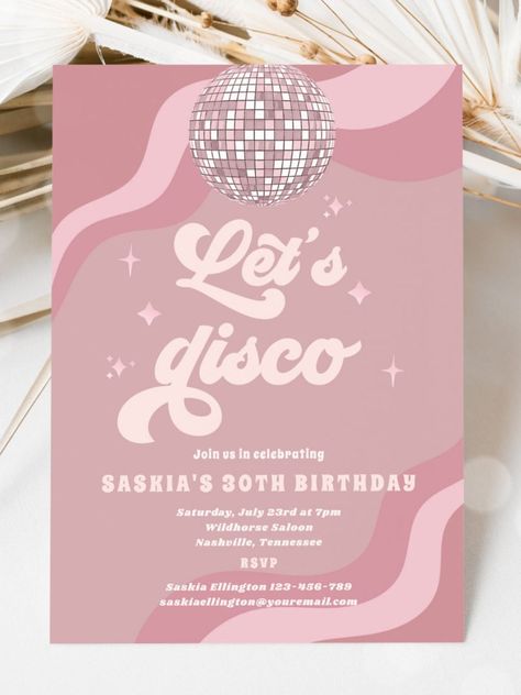 Groovy Retro 70s Let's Disco Birthday Party Invitation #groovy #30th #thirties #disco #funky #retro #birthday #happybirthday #birthdaycards #birthdayparty #thirtybirthday Disco Invite, 70s Birthday Party, 70s Themed Birthday Party, Retro Birthday Parties, Cheer Banquet, Disco Birthday, Disco Birthday Party, Disco Theme, 60th Birthday Invitations