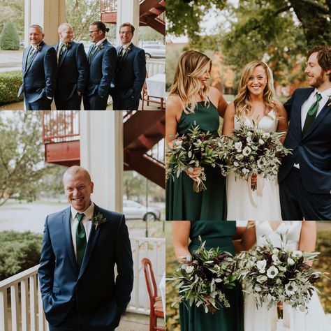 #navyandgreenwedding #weddinginspiration #bouquet #bridesman #bridalparty #groomsmen #fallwedding Emerald Wedding Party Attire, Navy Suit Green Dress, Navy And Green Bridal Party, Blue And Green Bridal Party, Navy And Dark Green Wedding, Navy And Emerald Wedding, Emerald And Navy Wedding, Emerald Green Wedding Party, Green And Navy Wedding