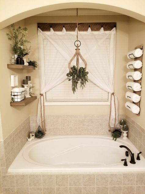 Garden Tub Decor Master Bath No Window, Behind The Tub Decor, Above Jacuzzi Tub Decor, Jacuzzi Decor Ideas Master Bath, Curtains Over Garden Tub, Decorating Around Bathtub Master Bath, Behind Bathtub Decor, Garden Tub Wall Decor, Garden Tub Curtain Ideas