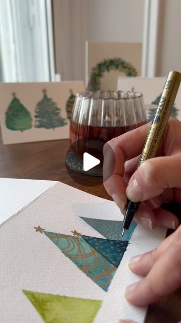 BrightMoonGallery on Instagram: "Watercolour Christmas cards in the making! I’ve been trying some different styles and I’m loving working on my little Christmas trees. • • #christmascards #handmade #brightmoongallery #christmas #christmasiscoming #christmastree #watercolours #watercolourpainting #handmadecards #christmastrees #instaart #artreels #edinburghart" Christmas Designs Ideas, Watercolour Trees Simple, Christmas Card Art Artwork, Hand Painted Christmas Cards Ideas, Doodle Christmas Tree, Watercolor Christmas Tree Cards, Christmas Watercolour Card Ideas, Easy Paintings Acrylic, Christmas Cards Diy Easy