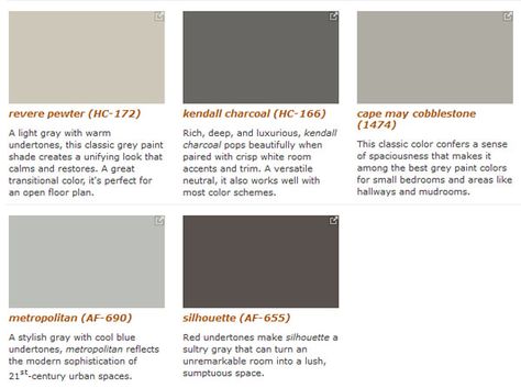 I like "Kendall Charcoal" and "Metropolitan," since cool-toned grays are my favorite grays. | Benjamin Moore Paint Cape May Cobblestone, Interior Paint Colors For Living Room, Exterior Gray Paint, Latest Decorating Trends, Revere Pewter Benjamin Moore, Kendall Charcoal, Benjamin Moore Gray, Interior Paint Colors Schemes, Paint Color Inspiration