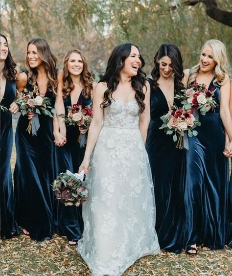 Navy Bridesmaid Dresses Fall, Dark Blue Bridesmaid Dresses, Midnight Blue Wedding, Navy Blue And Gold Wedding, Winter Wedding Bridesmaids, Dark Blue Wedding, Blue Winter Wedding, Jenny Yoo Collection, Winter Bridesmaids