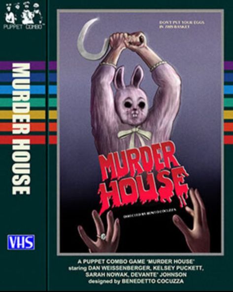 In this image is a picture of a person in a huge creepy bunny costume who is holding a knife like object and attacking someone. This character is the main murderer in the game Murder house. This is basically just a poster of that game. Puppet Combo, Video Game Backgrounds, House Games, Game Google, Japanese Horror, Alice Madness, Game Quotes, Horror Posters, Retro Horror