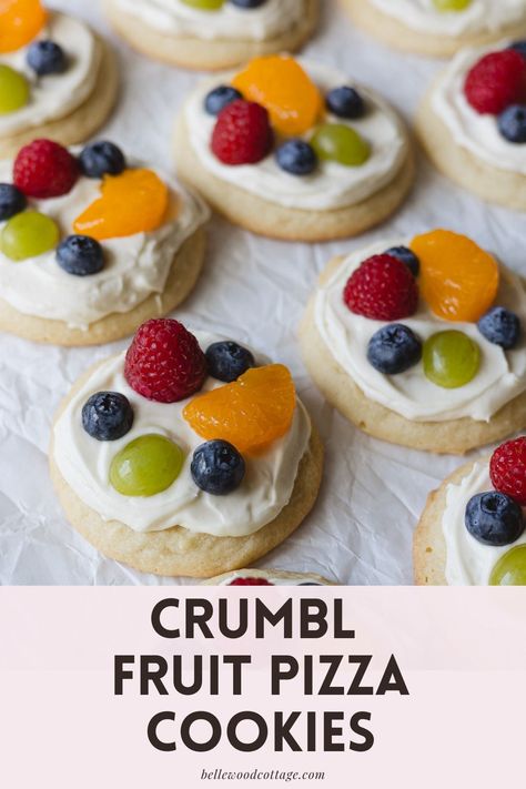 These easy Mini Fruit Pizza Cookies are one of my favorite Crumbl Copycat Recipes. They start with a simple sugar cookie base (no chilling required!) and are topped with a lemony whipped cream cheese frosting and mixed fruit of your choice. Whether you've tried Crumbl Cookies or not, you will love these easy Fruit Pizza Cookies! Crumbl Fruit Pizza Cookie, Cookies With Fruit On Top, Cookie Recipes Fruit, Fruit Pie Cookies, Crumbl Copycat Recipes, Copycat Crumbl Cookie Recipe, Crumbl Copycat Cookie Recipe, Fruit Cookies Recipes, Mini Fruit Pizza Cookies