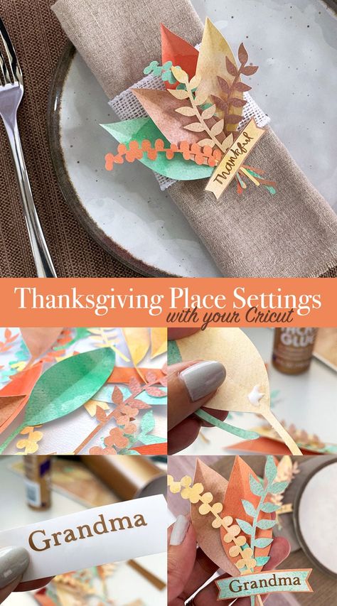 Thanksgiving Food Crafts, Place Settings Thanksgiving, Thanksgiving Table Setting, Setting Table, Thanksgiving Paper, Thanksgiving Friendsgiving, Thanksgiving Projects, Thanksgiving Place Cards, Happiness Is Homemade