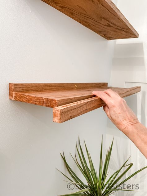 If you're looking for a quick and easy DIY bathroom shelf (or shelves!), these are easy to make and look great. I made two of these with only one 6-foot board. Scroll down for a quick tutorial and get busy! Diy Bathroom Corner Shelves, Diy Bathroom Shelves For Towels, Oak Shelf Bathroom, Diy Floating Wall Shelves, Towel Shelf Ideas, Diy Shelf Bathroom, Cheap Floating Shelves Diy, How To Make A Shelf Wood, Simple Wood Shelf Diy