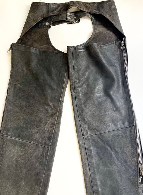 Worn Leather Riding Chaps Made in USA Brooks Distressed Worn Aged Rugged Faded Black Vintage Western Motorcycle Biker Adjustable Belt Buckle American Vintage Clothing, Riding Chaps, Leather Chaps, Western Clothes, Water Spots, Modern Wardrobe, Vintage Western, Black Vintage, Adjustable Belt