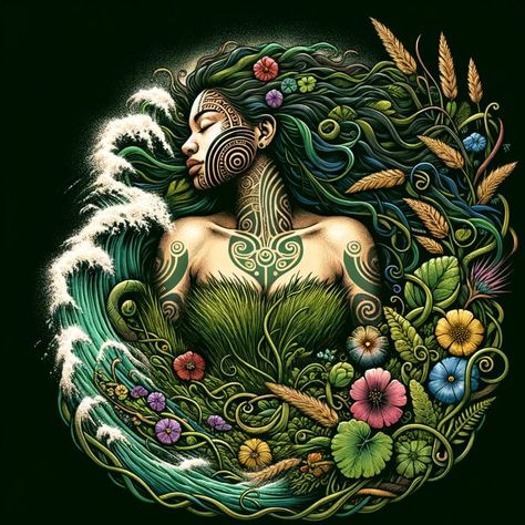 Papatūānuku: Earth Mother Illustration from Māori Mythology | AI Art Generator | Easy-Peasy.AI Maori Gods Art, Maori Gods And Goddesses, Hawaii Mythology, Maori Goddess, Goddess Taurus, Maori Mythology, Full Body Illustration, Mother Earth Tattoo, Mother Illustration